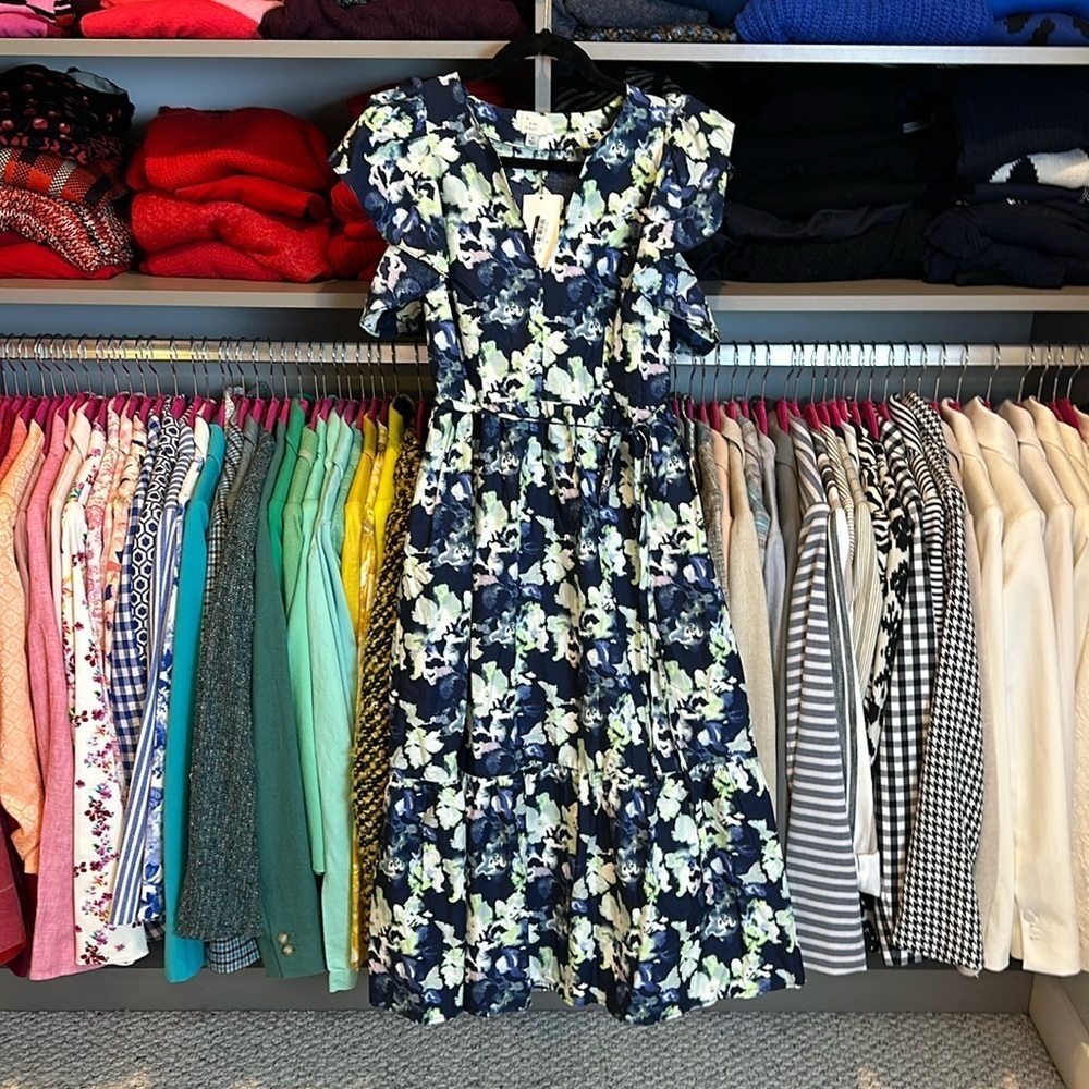 A New Day navy/green/white flower print flutter sleeve maxi dress size XS NWT